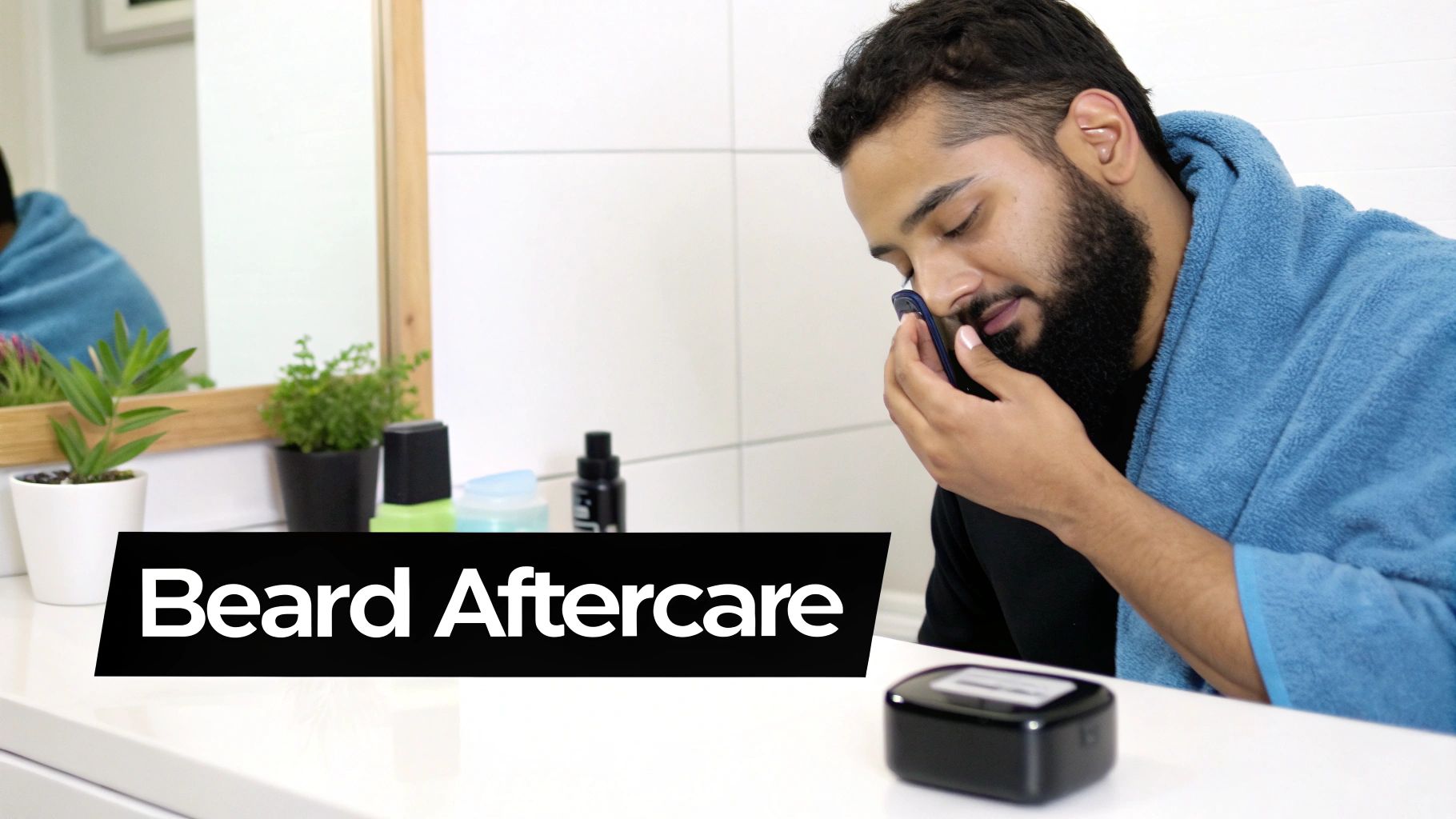 A man applying aftercare cream to his beard tattoo area, representing proper maintenance.