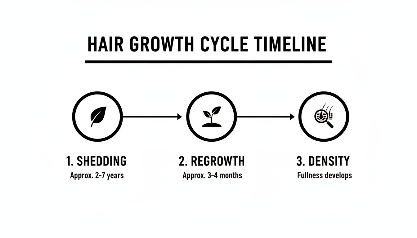 Timeline illustrating the hair growth cycle with three stages: shedding, regrowth, and density development.