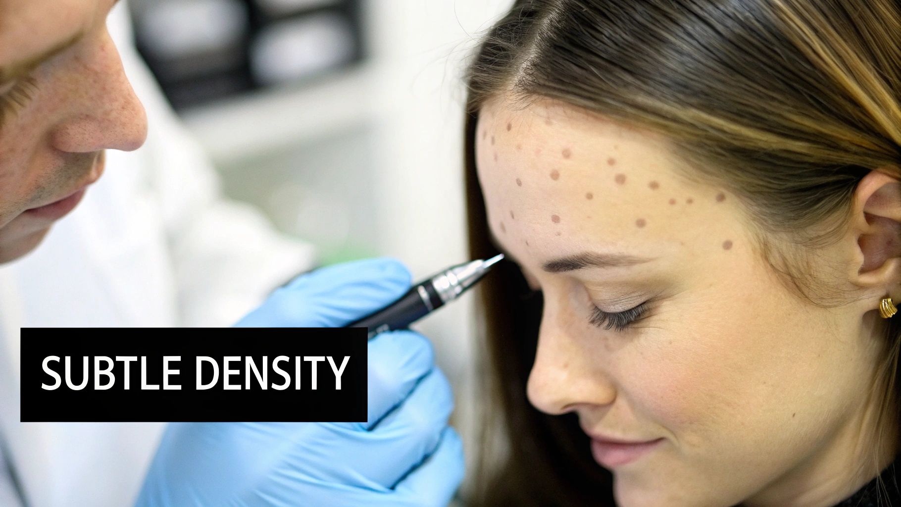 A close-up of a woman's scalp showing the subtle, dense effect of scalp micropigmentation between her existing hairs.