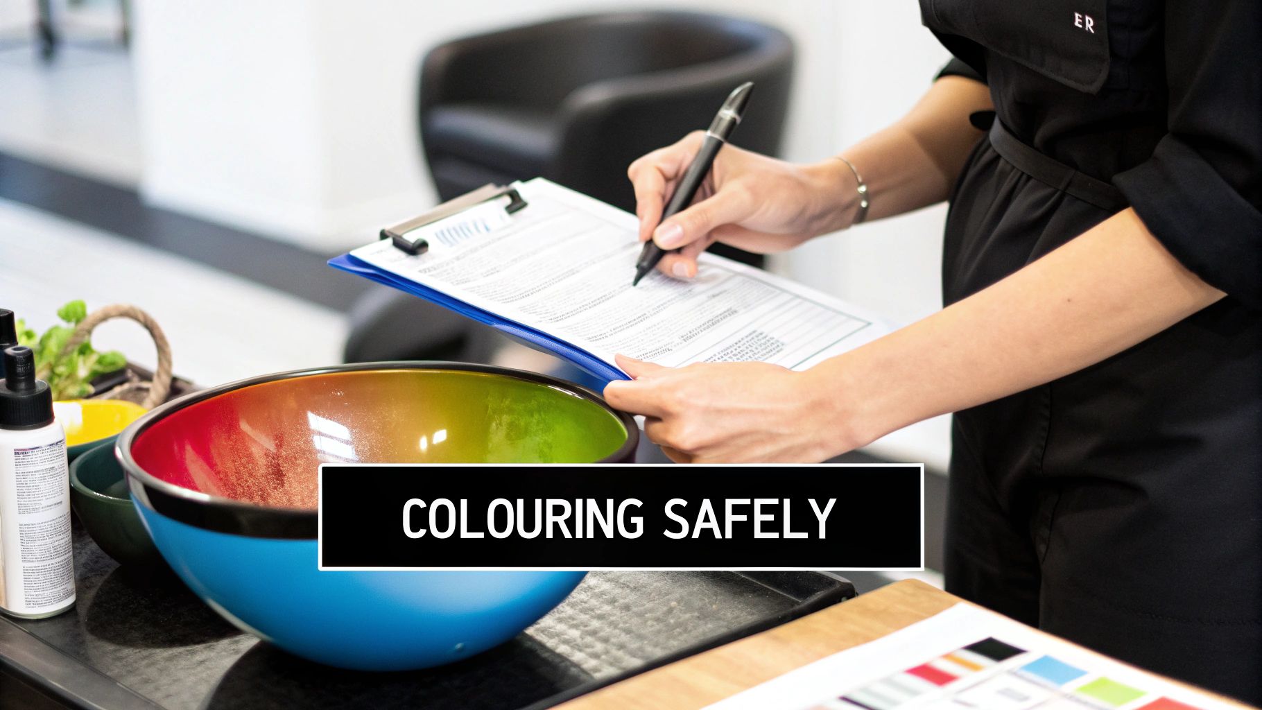 A person in a salon signing a form, with colorful hair dye bowls on a counter.