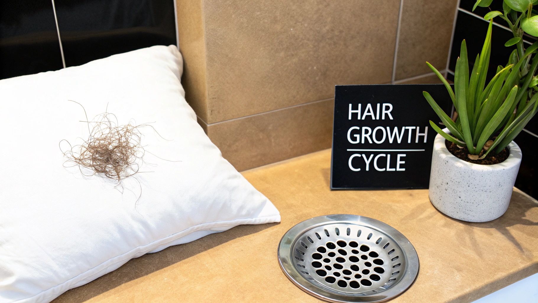A pile of brown hair on a white pillow next to a 'HAIR GROWTH CYCLE' sign and a drain.