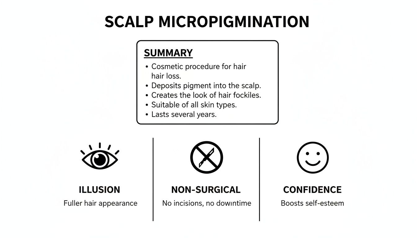 Infographic explaining scalp micropigmentation, detailing its summary, benefits, and positive outcomes for hair loss.