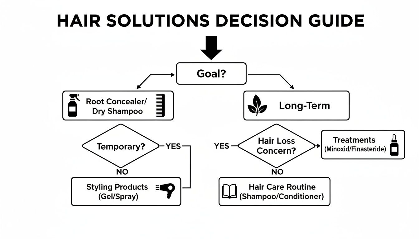 A flowchart decision guide for hair solutions, covering temporary fixes and long-term care.