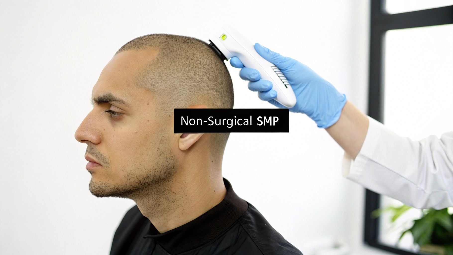 Side view of a man with a shaved head receiving non-surgical SMP treatment from a gloved hand.
