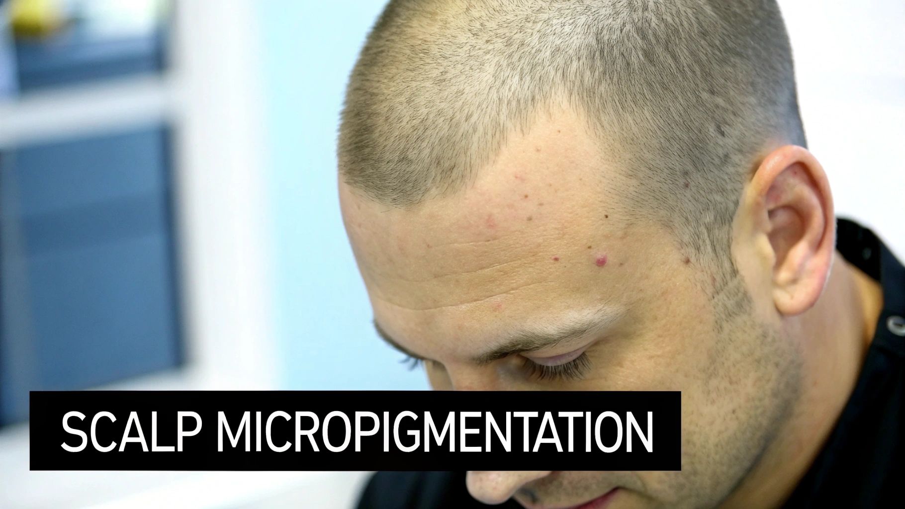 Close-up of a man's scalp and forehead, hinting at a scalp micropigmentation procedure.