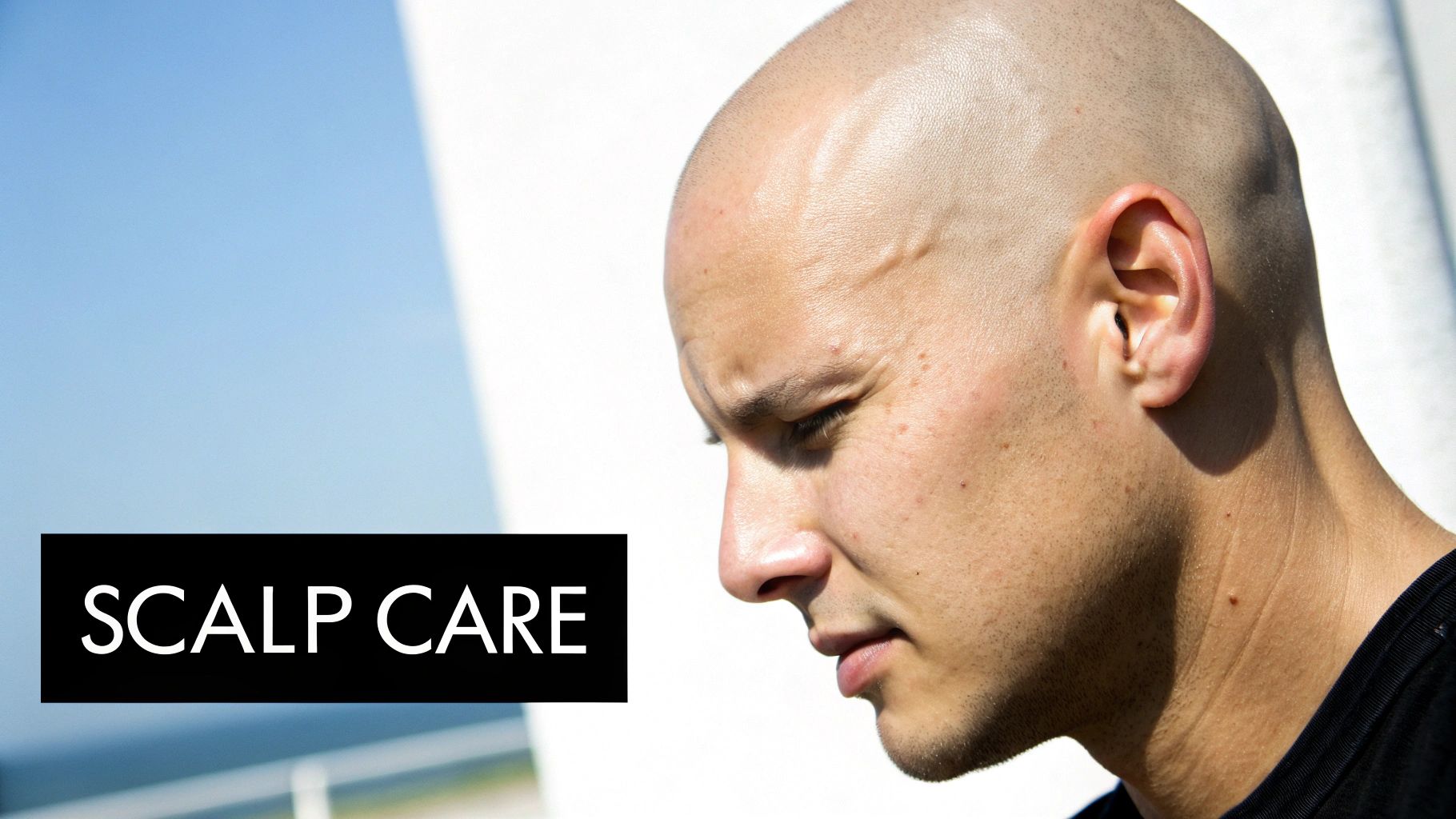 A man confidently applying moisturiser to his bald head in a bright, clean bathroom.