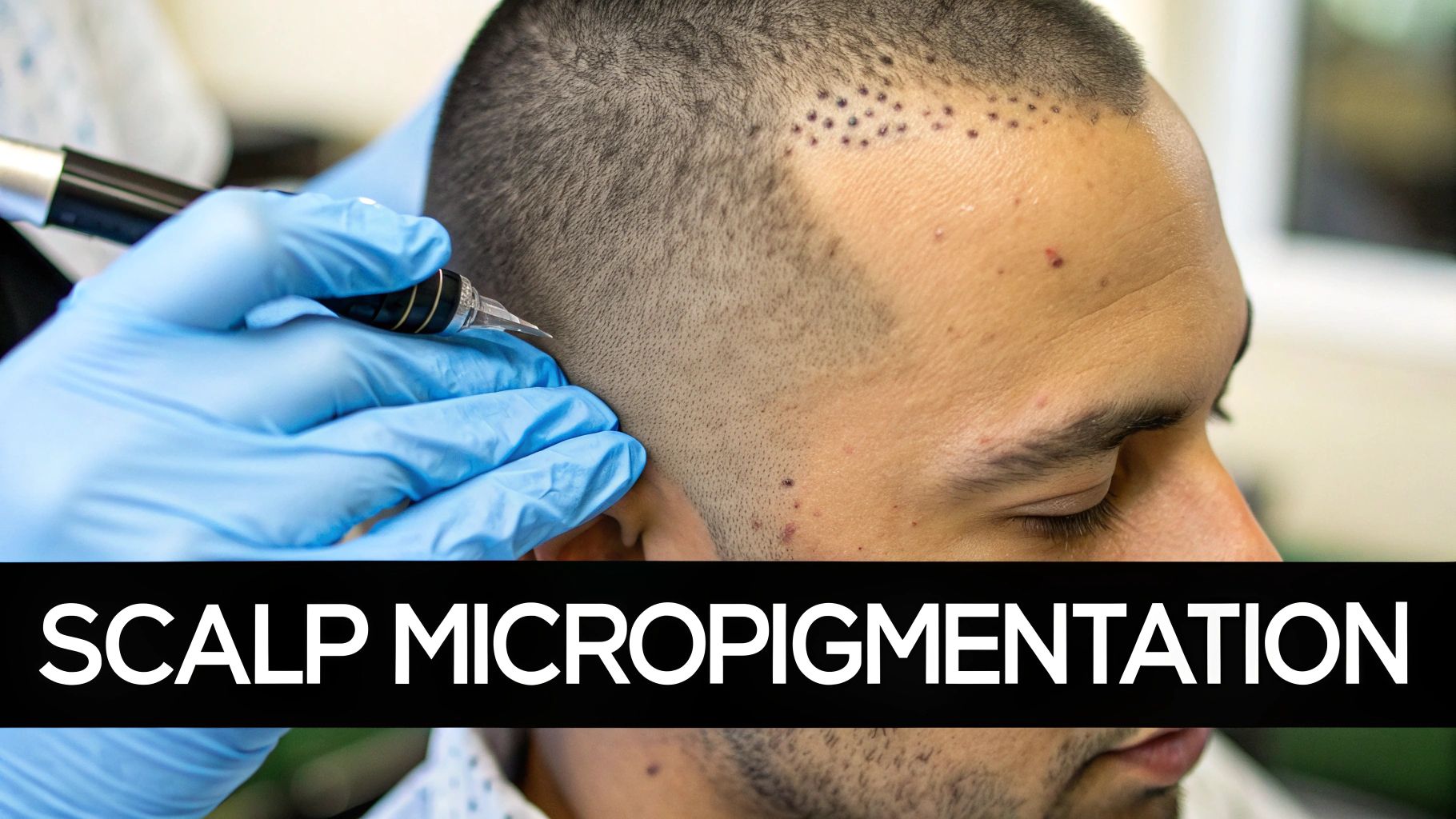 A close-up shows a gloved hand performing scalp micropigmentation on a person's head.