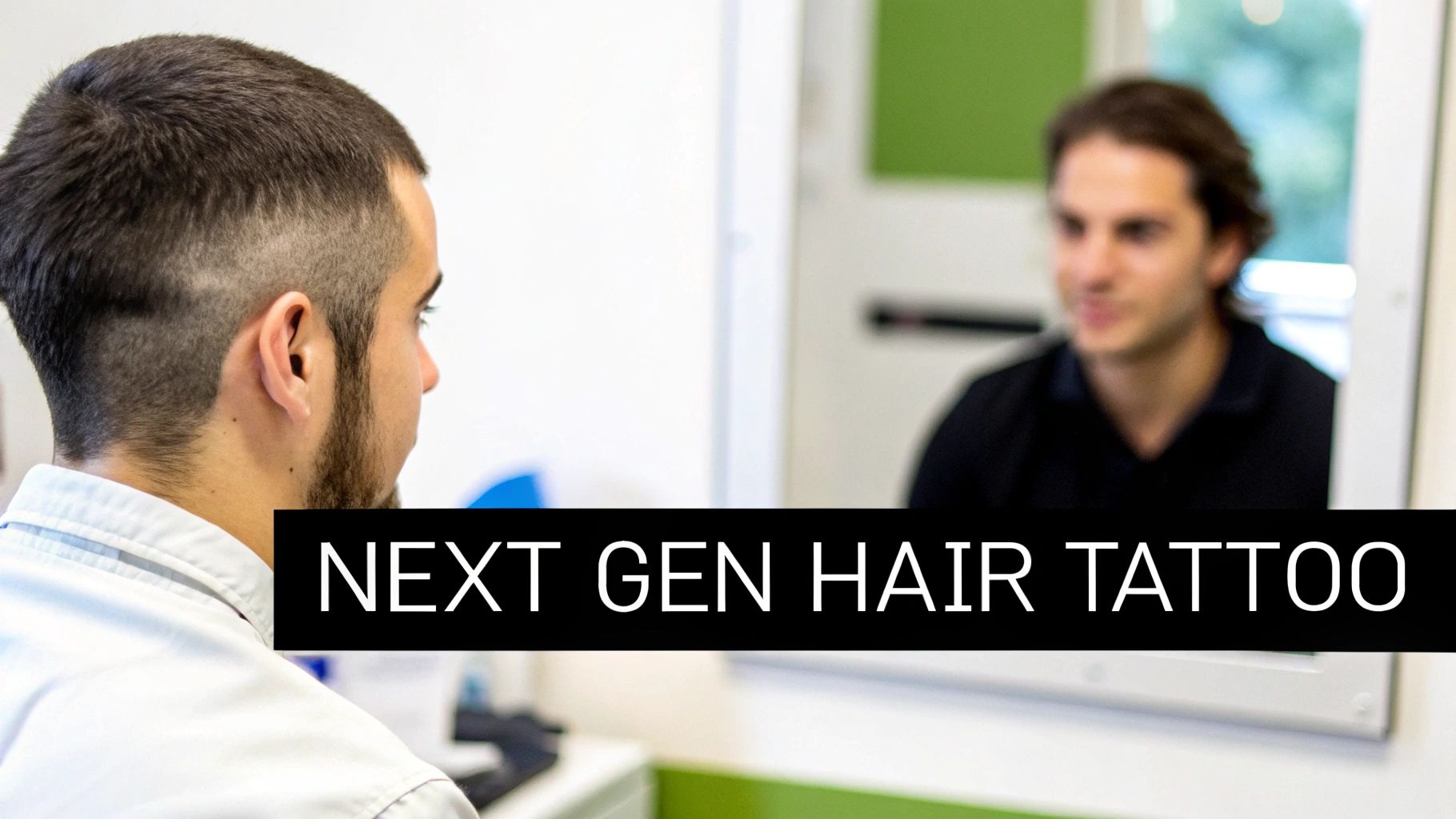 A man with a faded haircut and beard looks at his reflection, promoting next-gen hair tattoos.