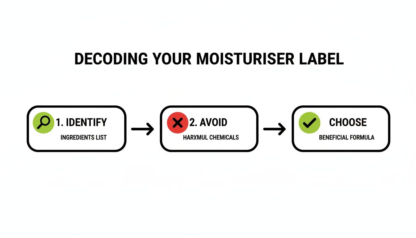 Flowchart explaining how to decode moisturizer labels: identify ingredients, avoid harmful chemicals, choose beneficial formulas.