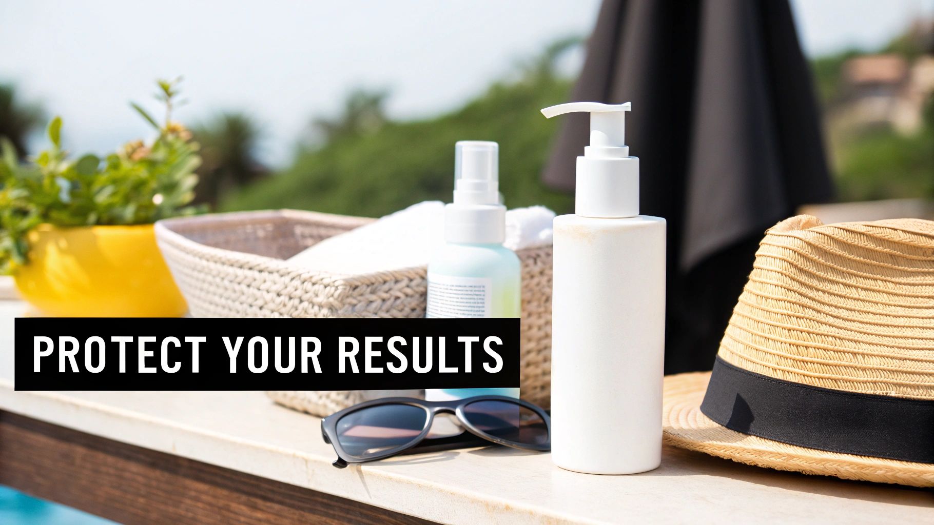 Sunscreen bottles, sunglasses, and a straw hat on a poolside table with 'PROTECT YOUR RESULTS' text.