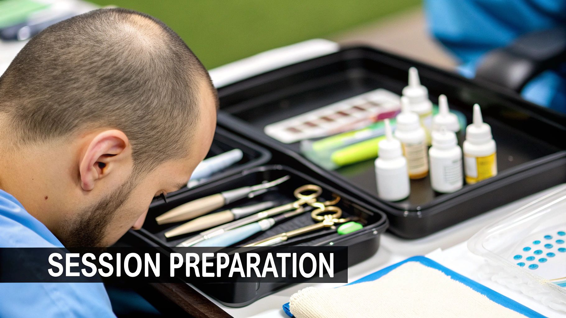 A man with a clean, moisturised scalp, ready for his scalp micropigmentation session.