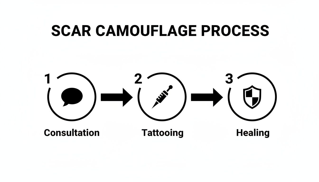 A visual guide illustrating the three steps of scar camouflage: consultation, tattooing, and healing.