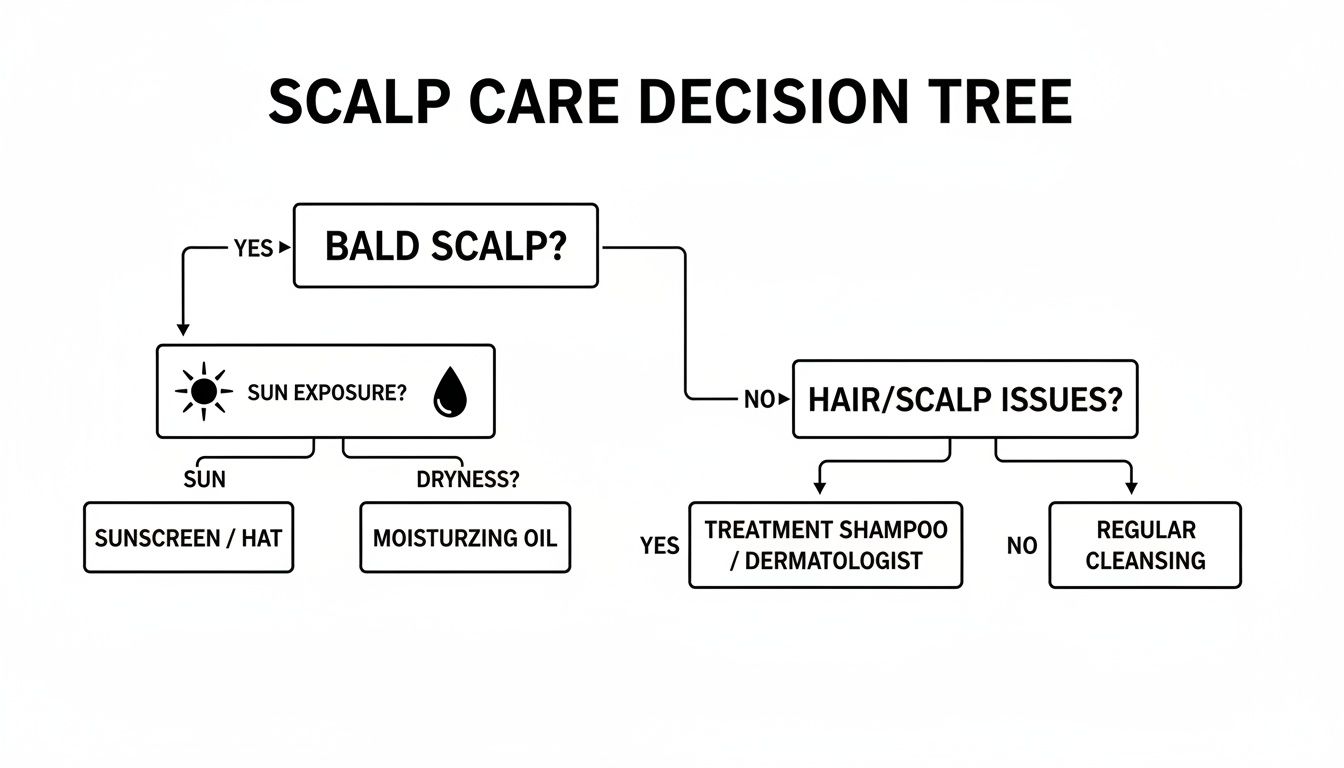 A scalp care decision tree flowchart illustrating treatments for bald scalps and those with hair/scalp issues.