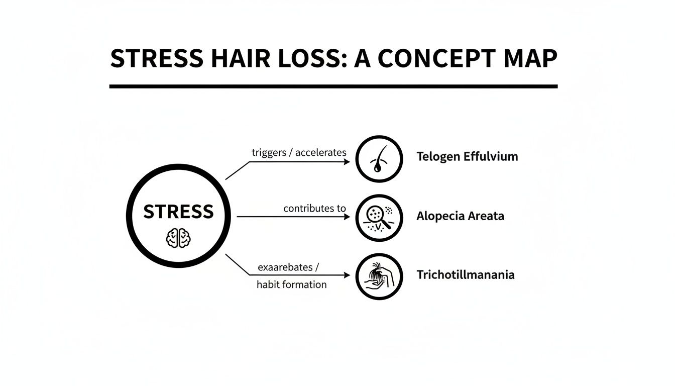 A concept map illustrating how stress triggers and contributes to different types of hair loss conditions.