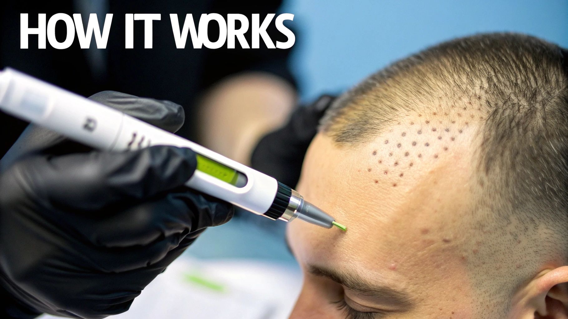A close-up of a scalp micropigmentation treatment in progress, showing the fine needlework involved.