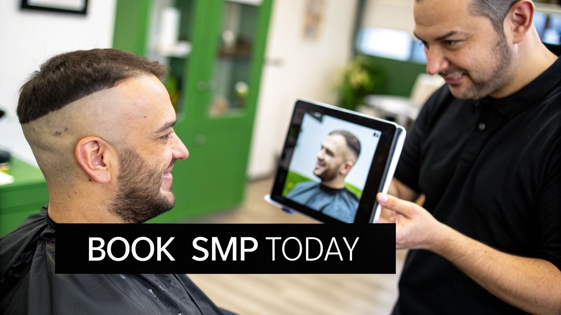 Barber showing tablet with client's new SMP hairline treatment results in modern barbershop