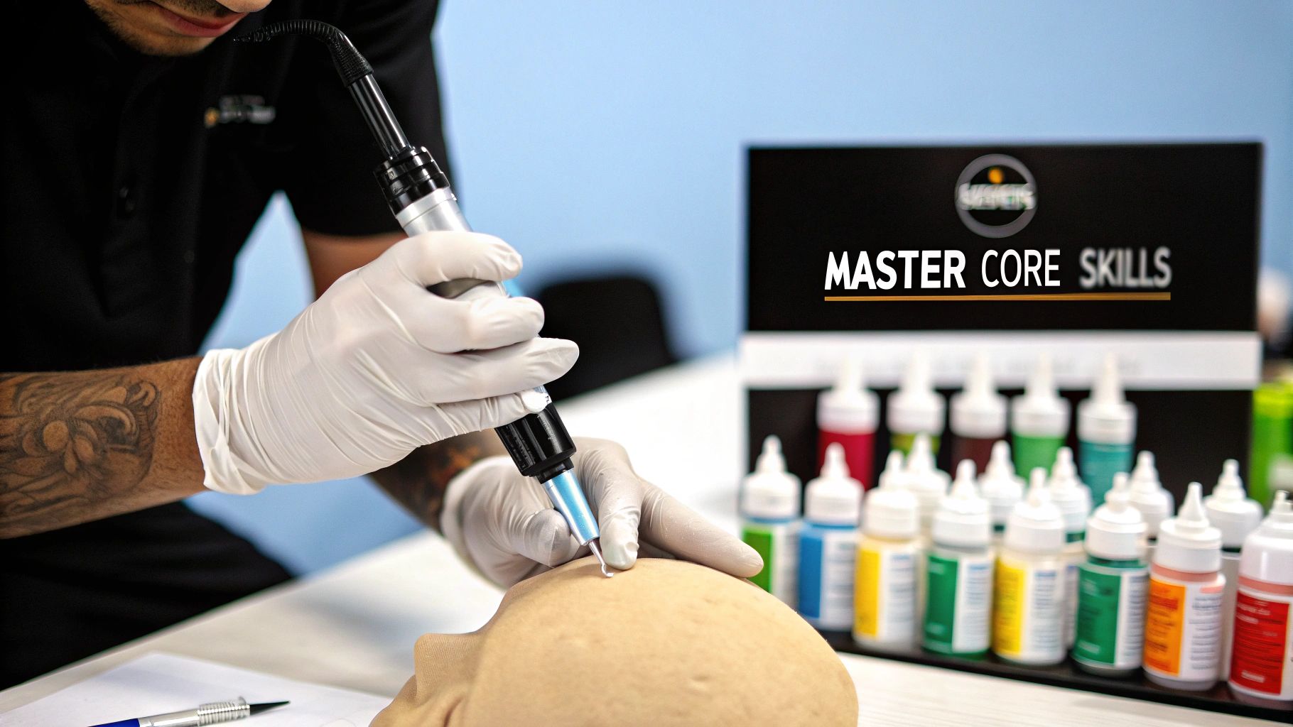 Practitioner in gloves performing scalp micropigmentation on a realistic training head with pigments.