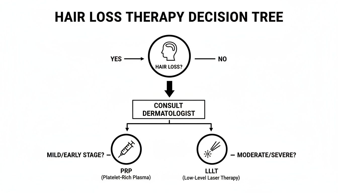 A hair loss therapy decision tree flowchart outlining treatment options based on the severity of hair loss.