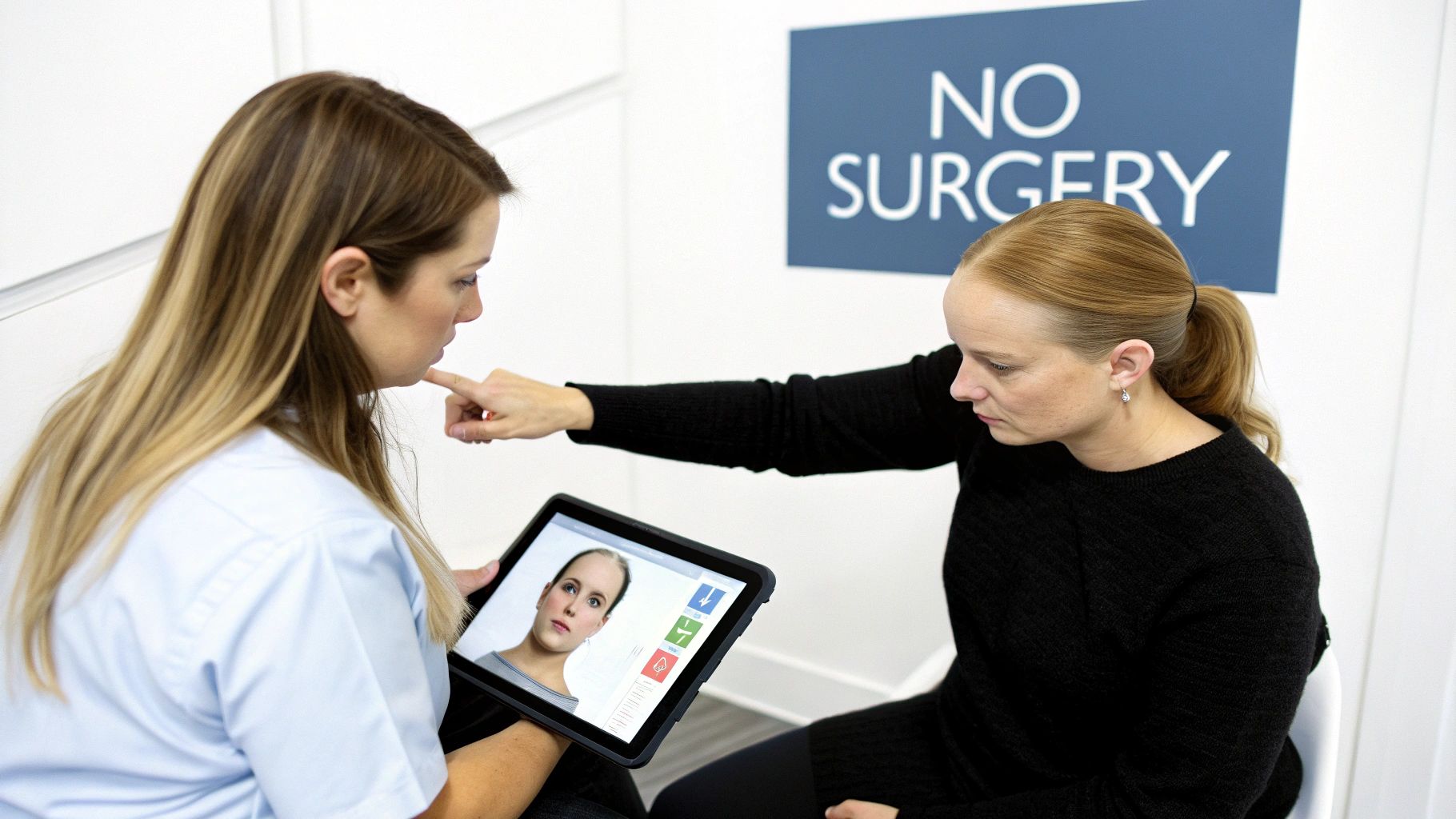 Two women discussing a cosmetic procedure using a tablet, with a 'No Surgery' sign.