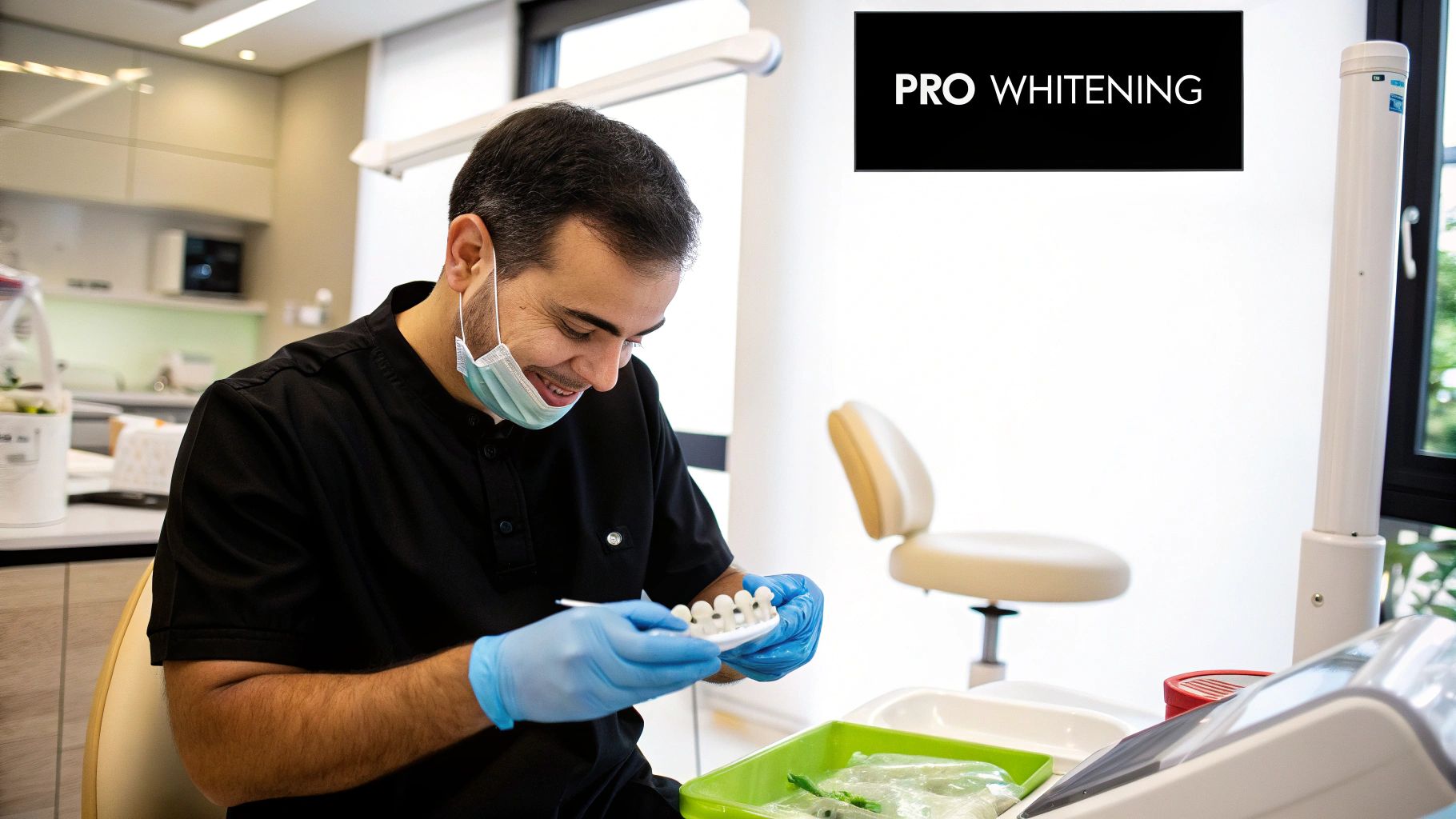 A dentist explaining teeth whitening options to a patient in a bright, modern clinic.