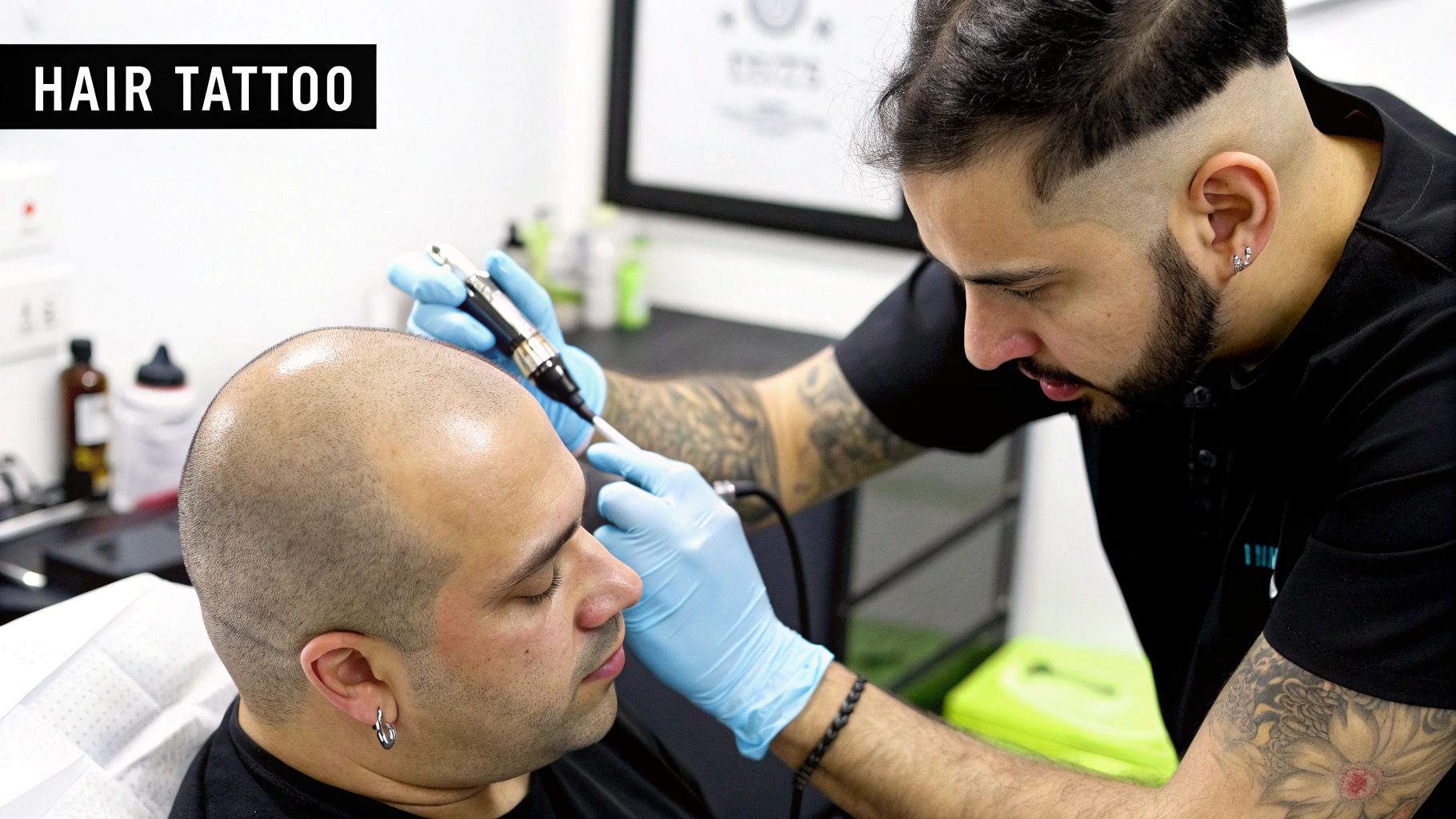 A client undergoing a scalp micropigmentation procedure to create the look of a full head of hair.