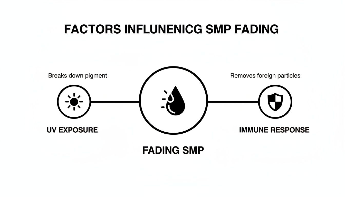Diagram illustrates UV exposure breaking down pigment and immune response removing foreign particles as causes of SMP fading.