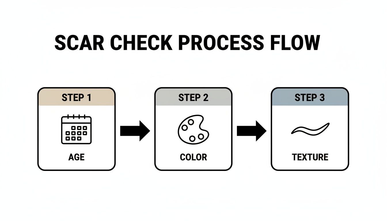 Diagram illustrating the scar check process flow with steps for age, color, and texture.