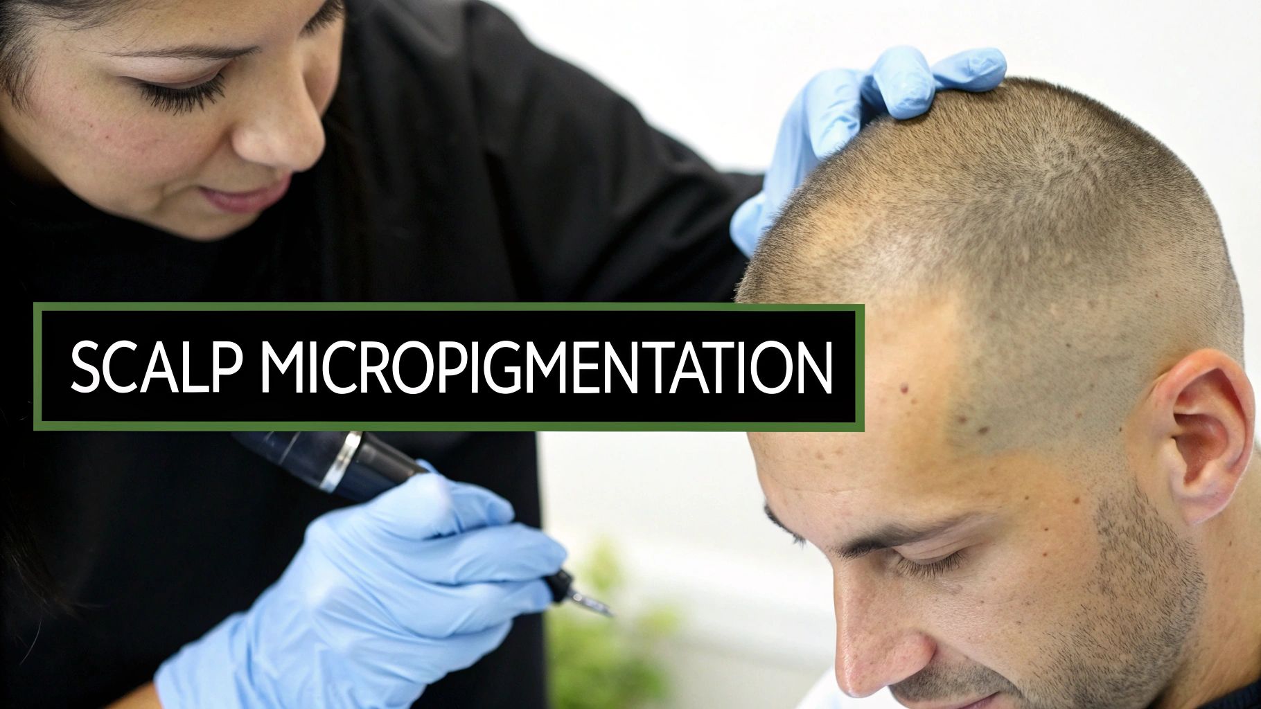 A close-up view of a person's scalp after receiving scalp micropigmentation, showing the realistic hair follicle simulation.