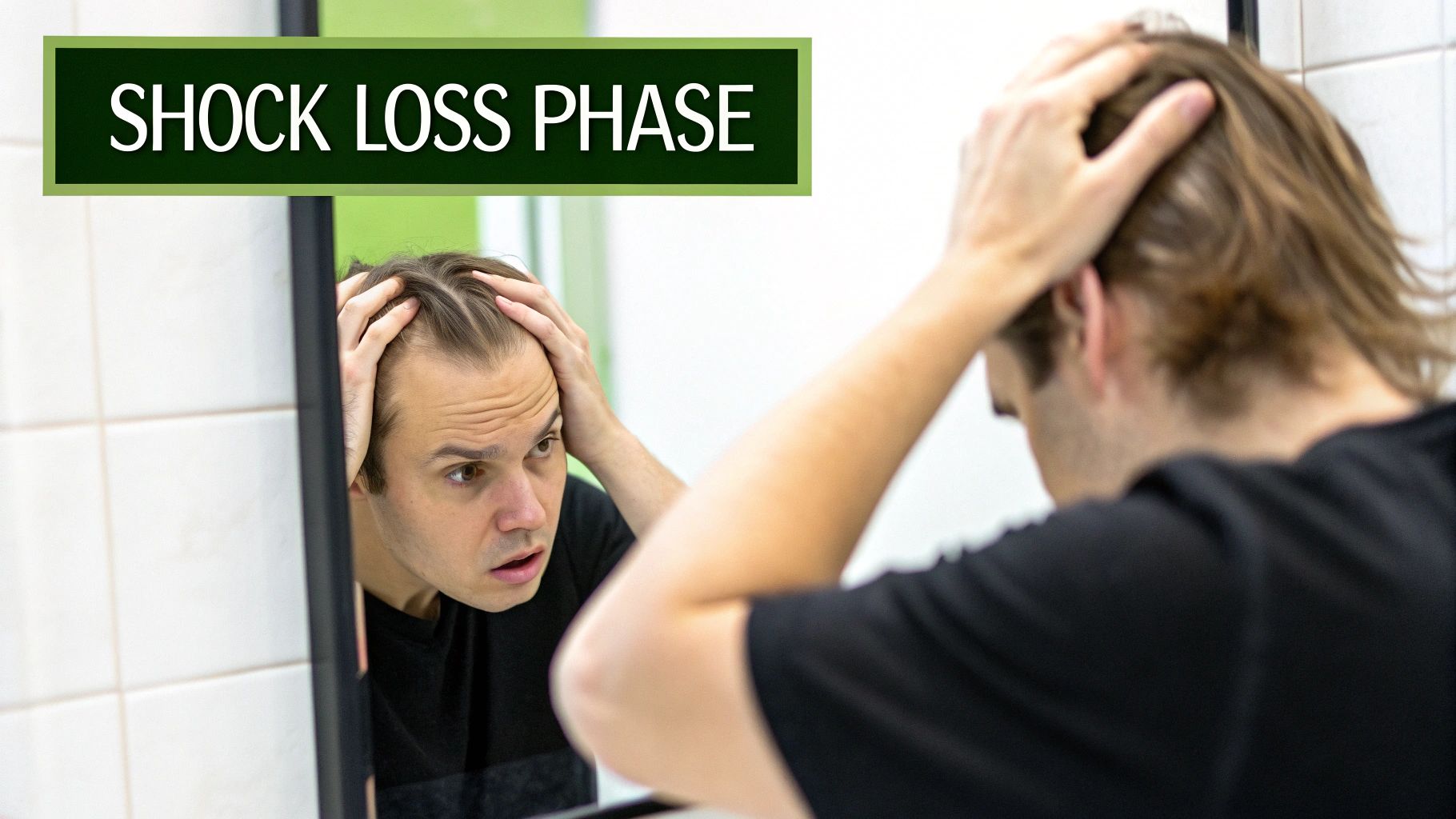 A man looks at his scalp in a mirror with a shocked expression, experiencing hair loss.