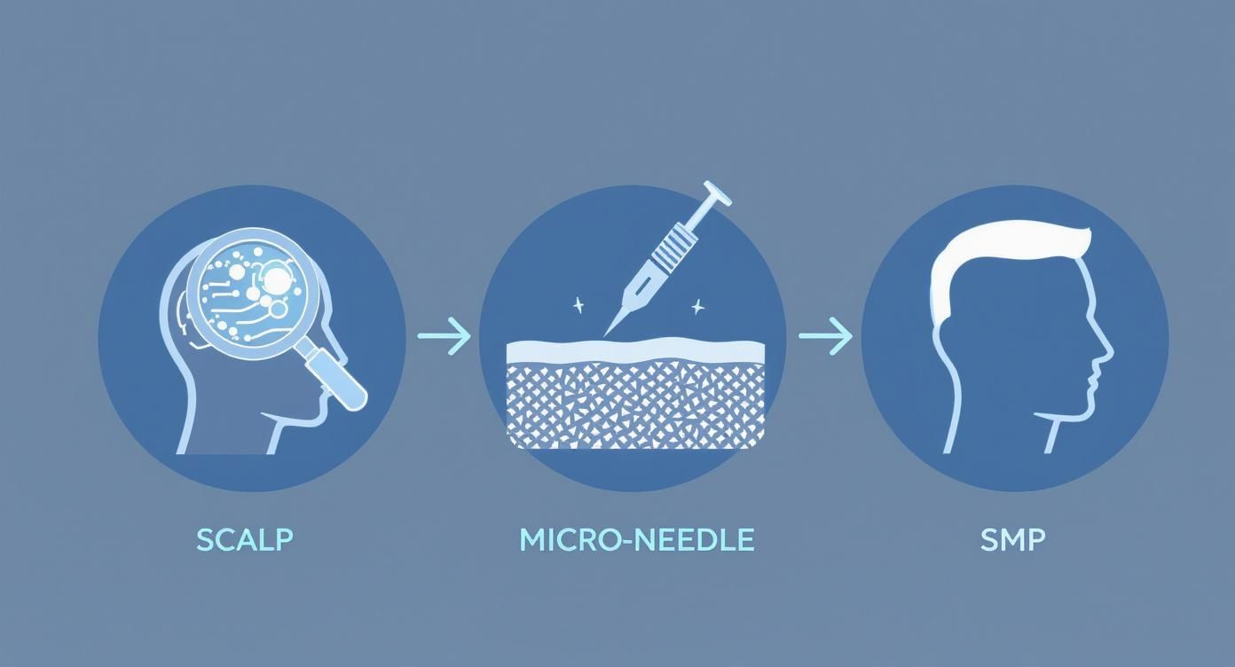 Diagram showing scalp analysis, micro-needling treatment, and the final scalp micropigmentation result.