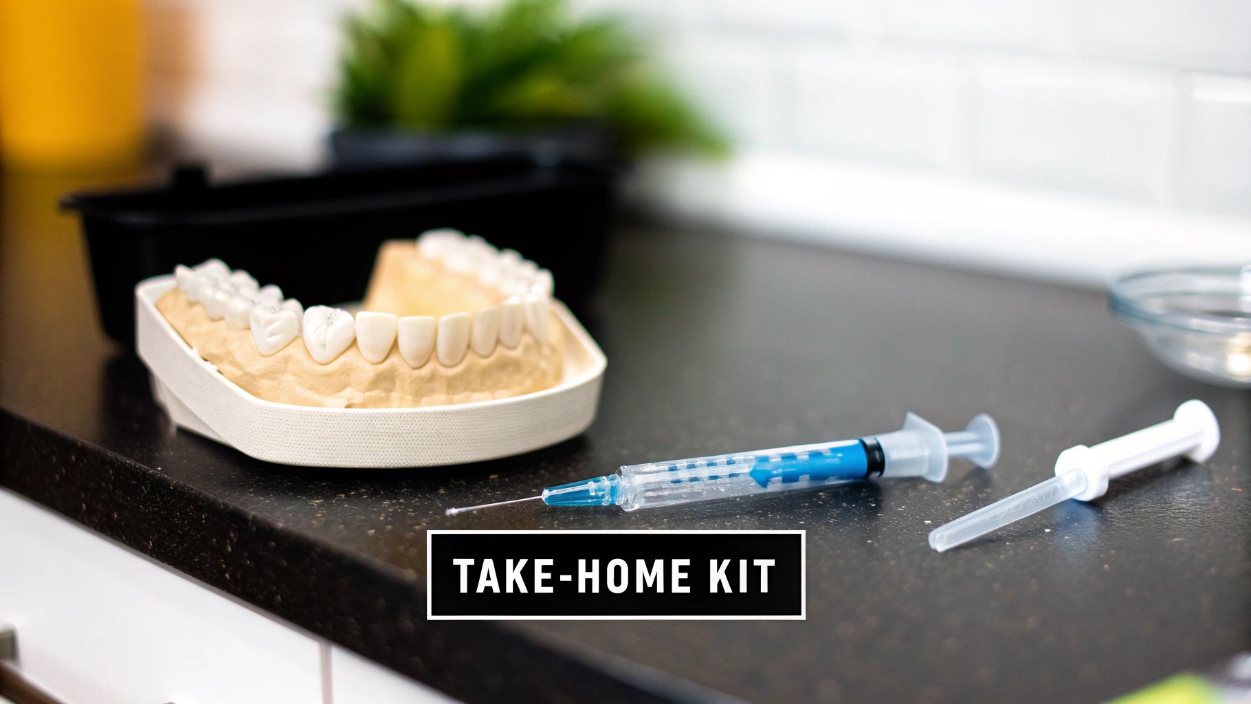 A take-home teeth whitening kit, featuring a dental model and syringes on a dark counter.