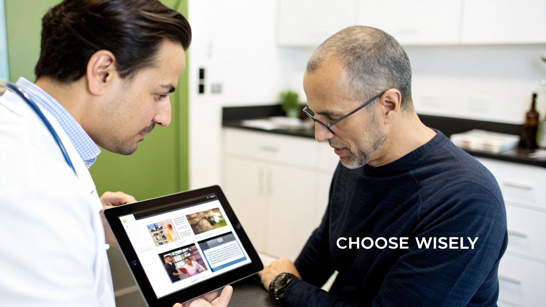 A doctor shows a patient information on a tablet in a modern medical office.