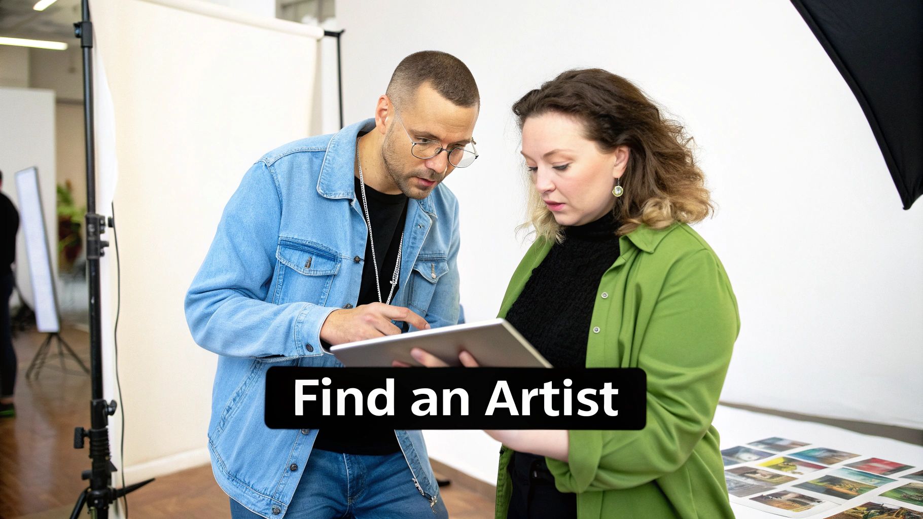 Two artists collaborate, looking at a tablet in a bright studio, discussing their work.