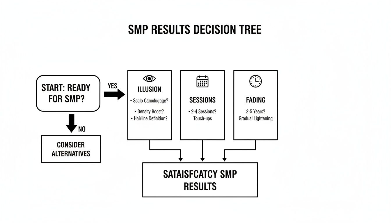 A decision tree outlining the process and expected results of SMP, including illusion, sessions, and fading.