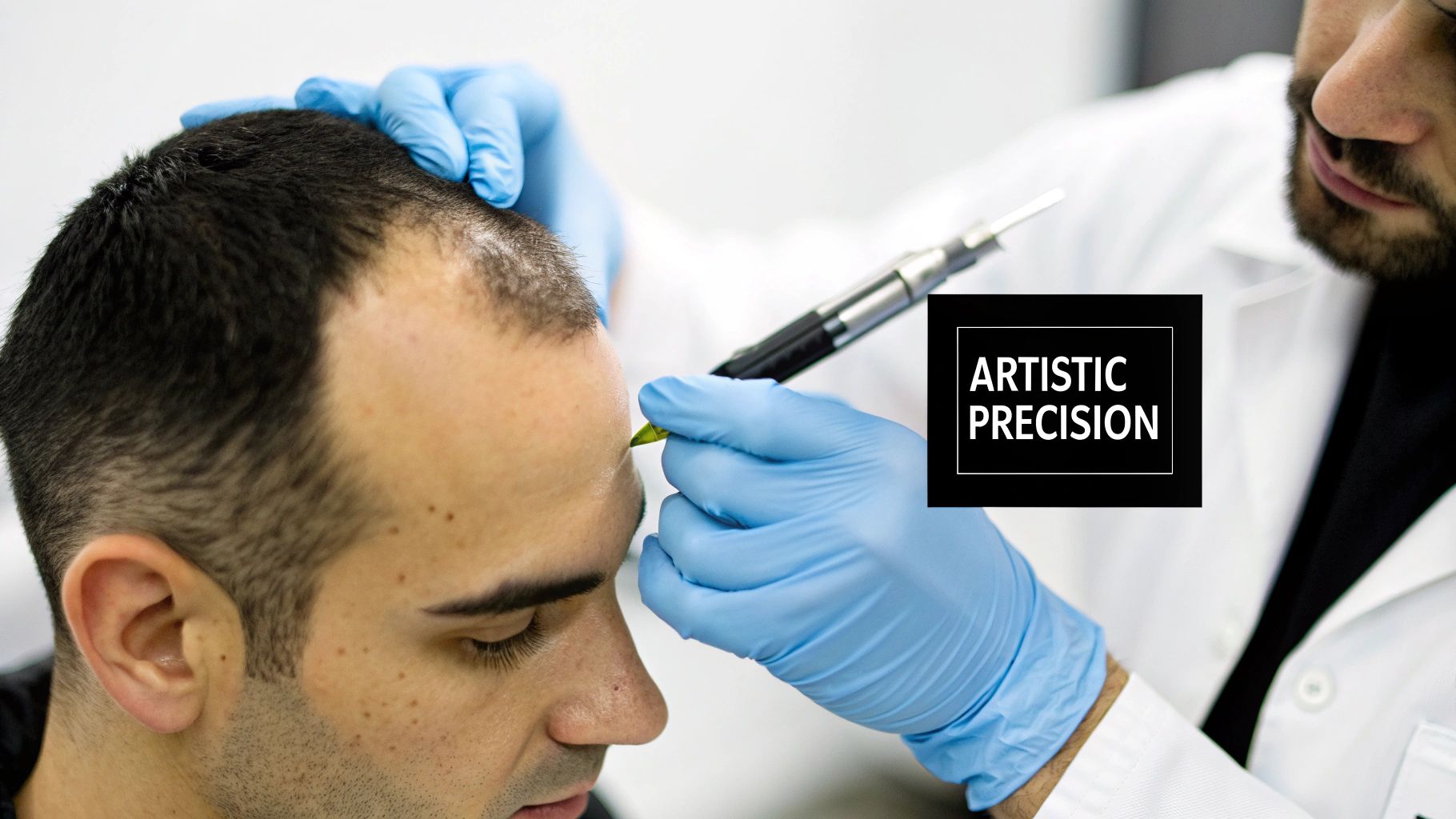 A practitioner in blue gloves performs scalp micropigmentation on a male patient's head to create a new hairline.