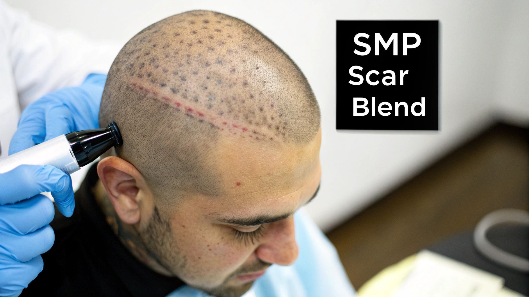 A professional performs scalp micropigmentation (SMP) to blend a scar on a client's head.
