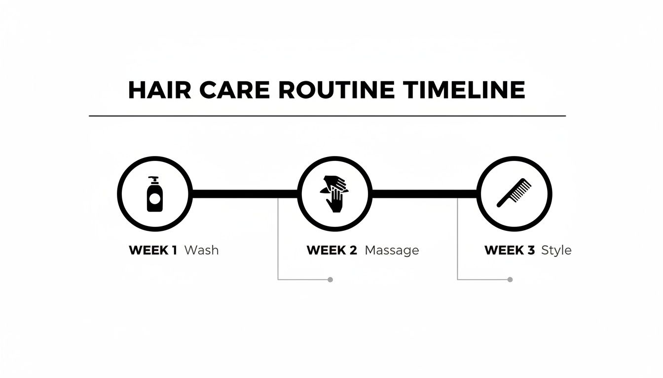 A hair care routine timeline showing three weekly steps: wash, massage, and style, with corresponding icons.