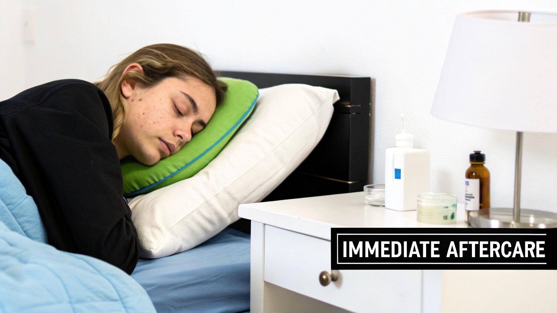 A young person sleeps peacefully in bed, resting on a green pillow, with care products on a nightstand.