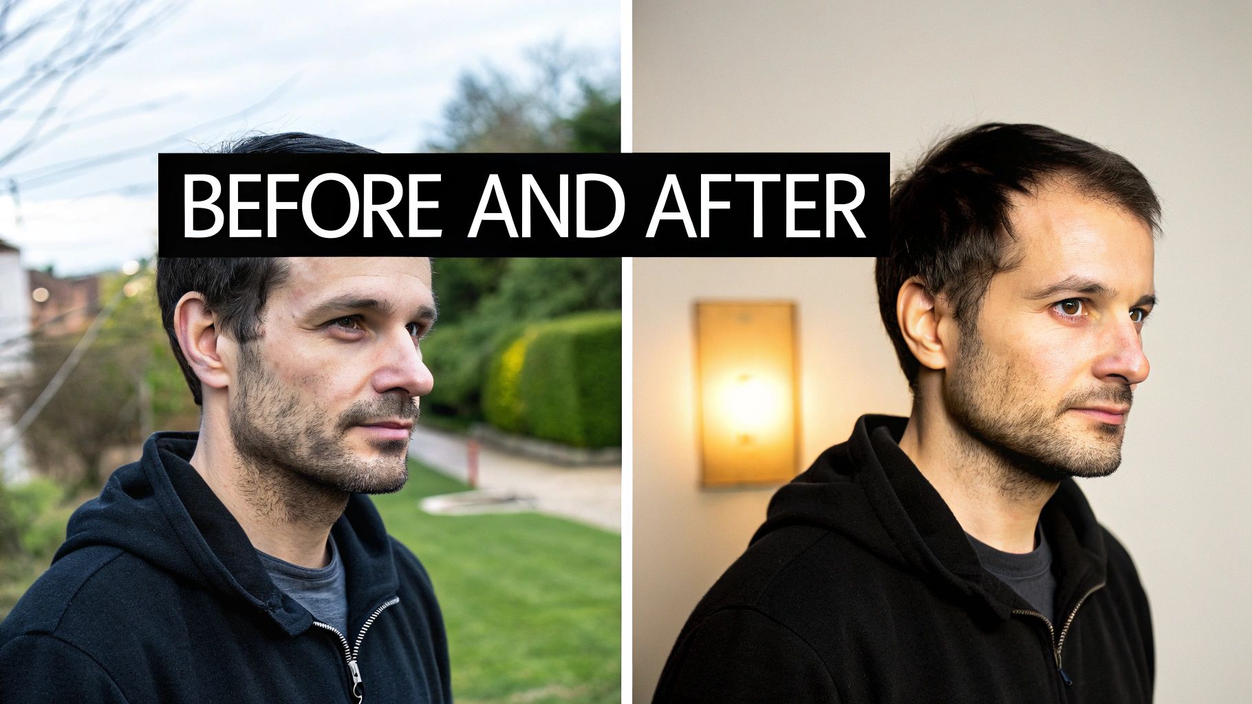 Before and after photos of a man with a beard, highlighting improvements in hair density.