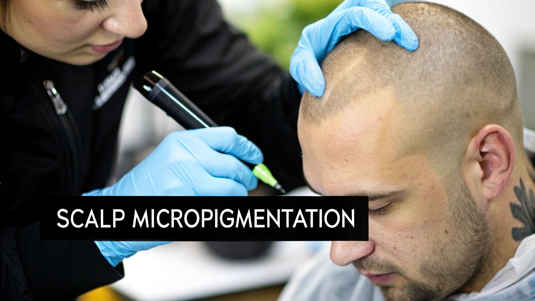 A man showcasing the results of his scalp micropigmentation, a form of hair tattoo.