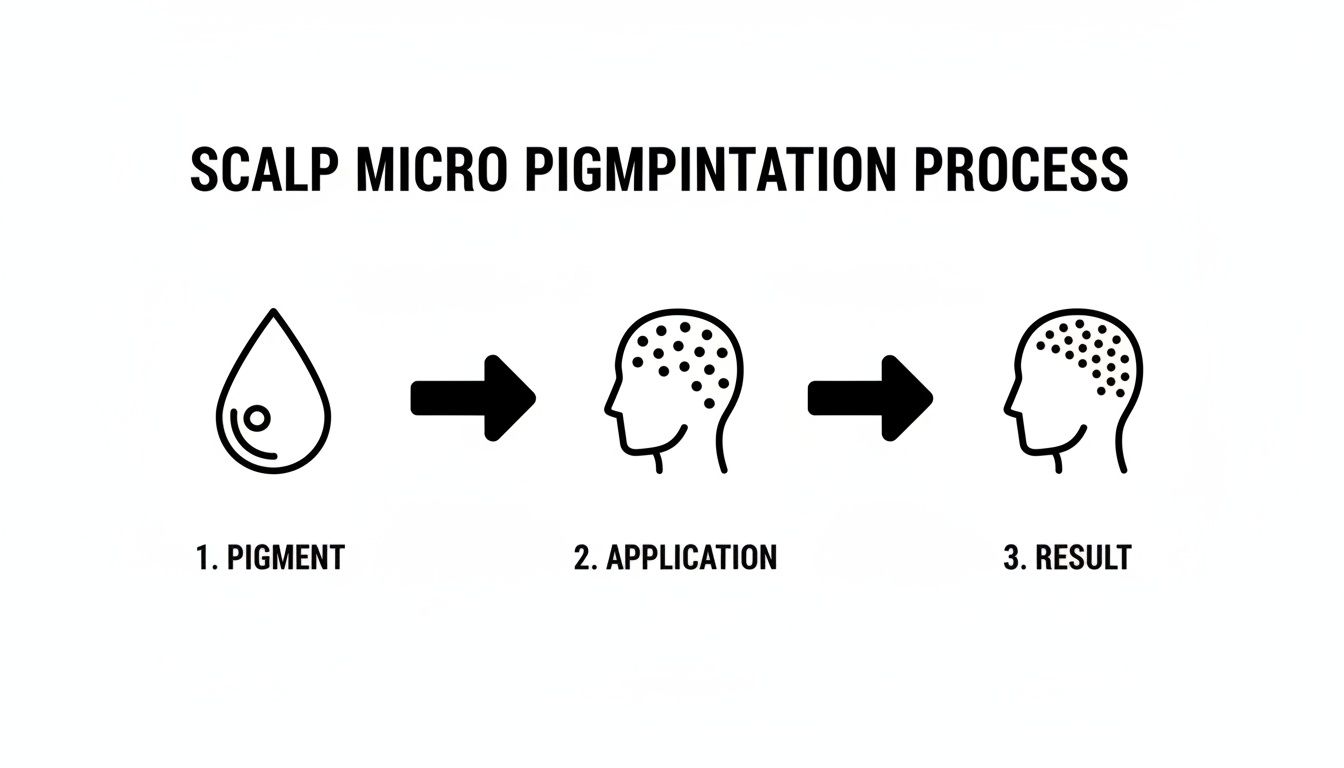 A diagram illustrating the scalp micropigmentation process, showing pigment, its application, and the final result.