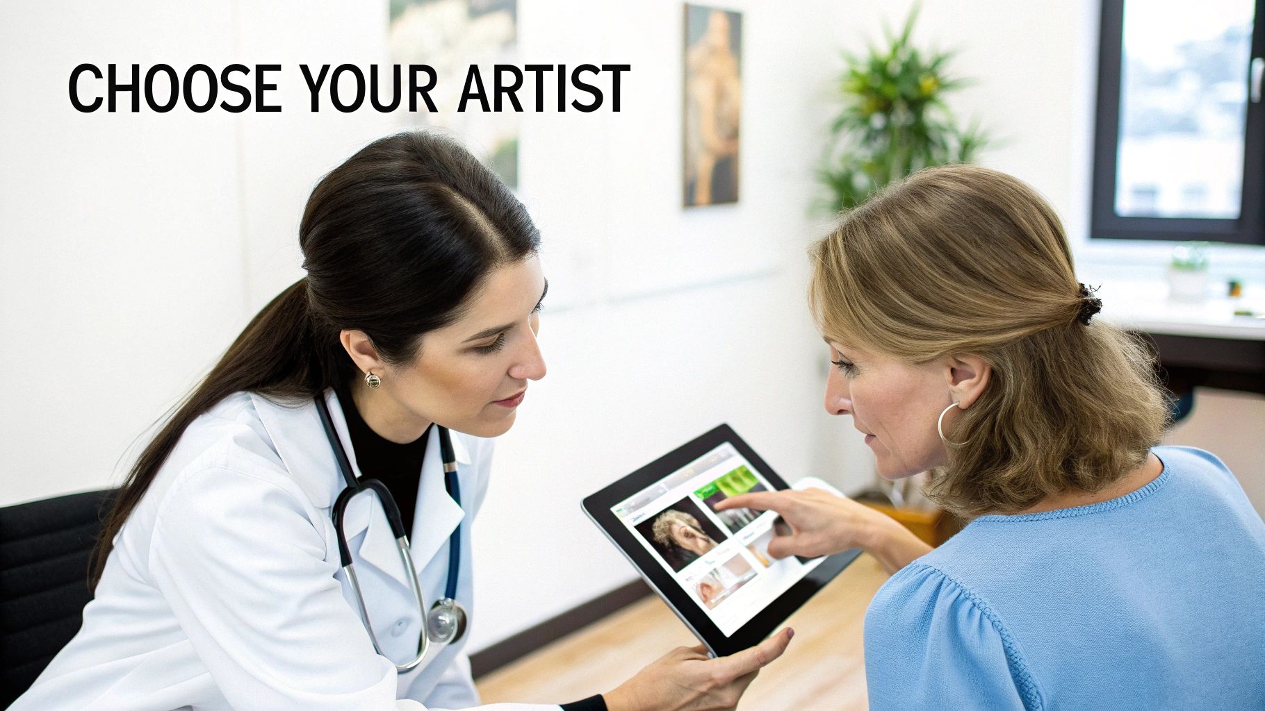 Two women, one in a white coat, discuss and choose artists on a tablet screen.