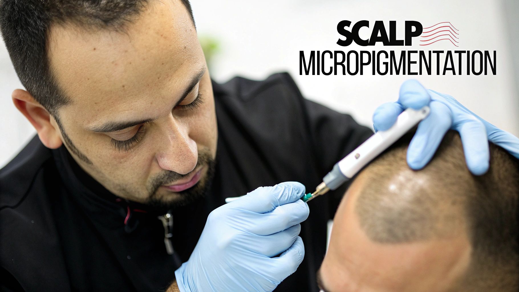 Professional scalp micropigmentation (SMP) procedure, with a technician applying pigment to a client's head.