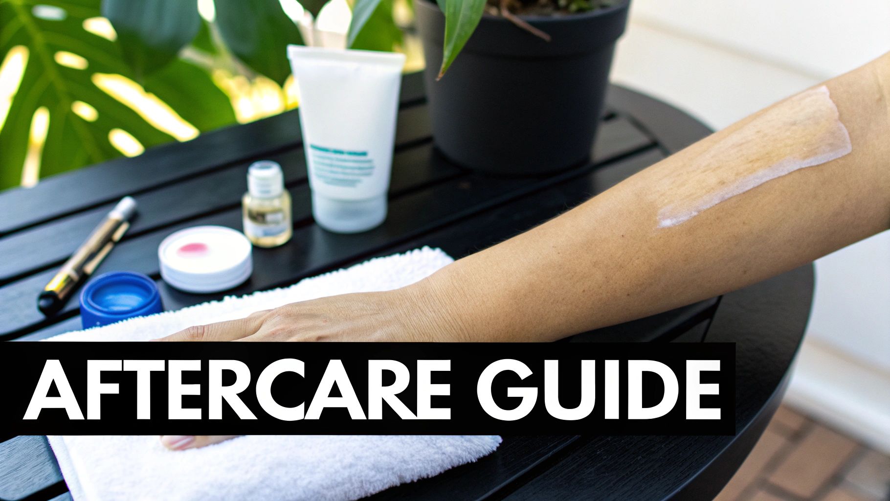 Arm with a healing patch and skincare products on a table, with 'Aftercare Guide' overlay.