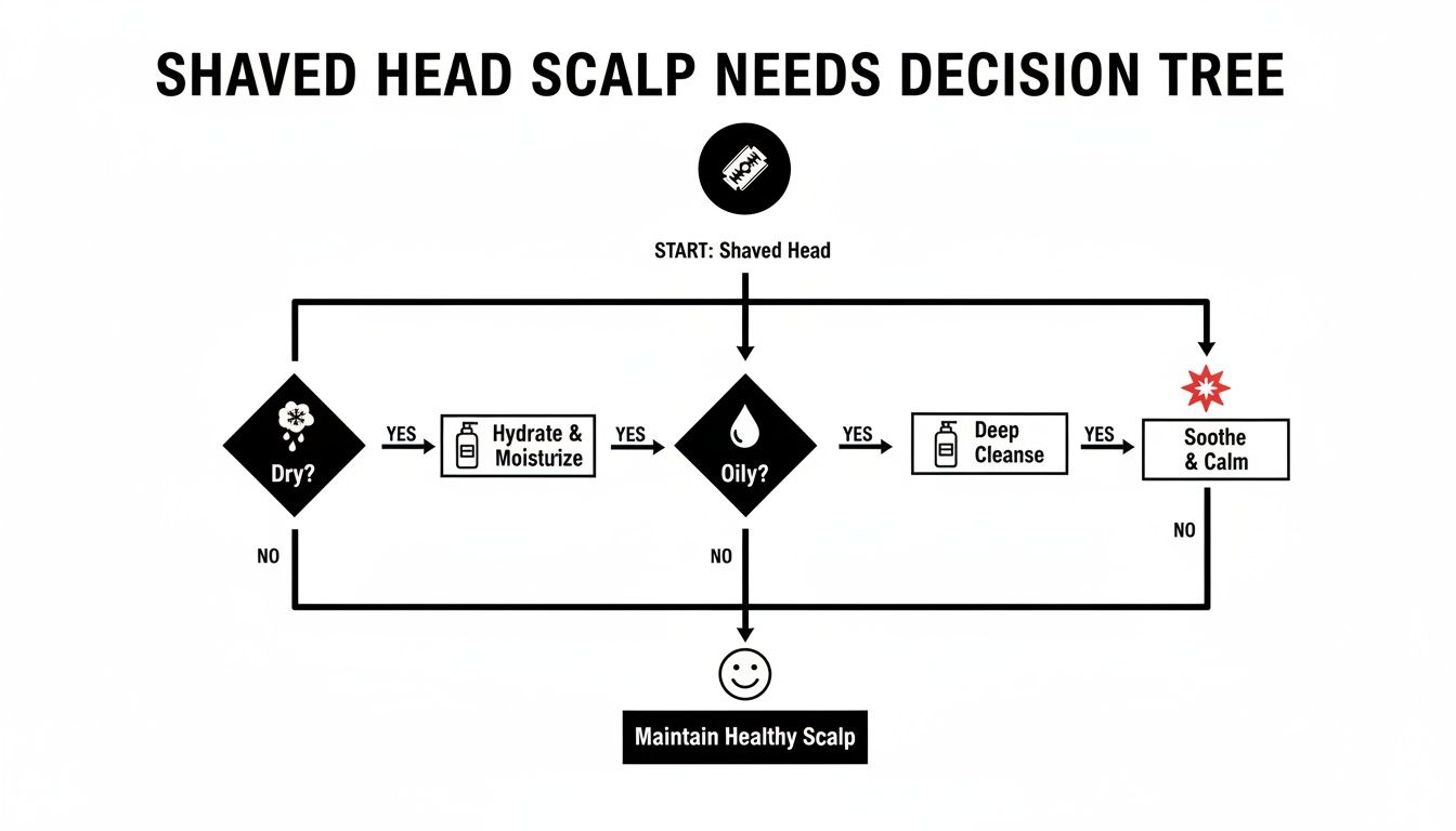 Decision tree for shaved head scalp care, addressing dryness, oiliness, and irritation.