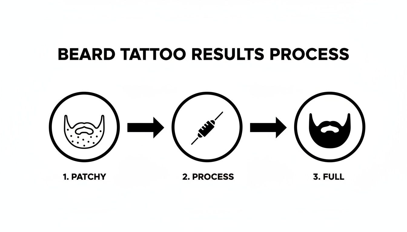 Diagram illustrating the beard tattooing process, transforming a patchy beard into a full, dense one.