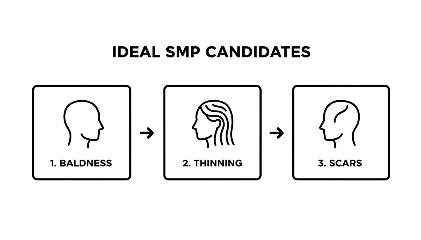 Infographic showing ideal SMP candidates have conditions like baldness, thinning hair, or scars.