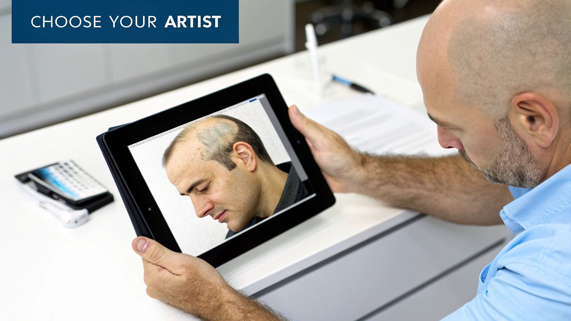 A man holds a tablet displaying a man with a receding hairline, possibly choosing a scalp micropigmentation artist.