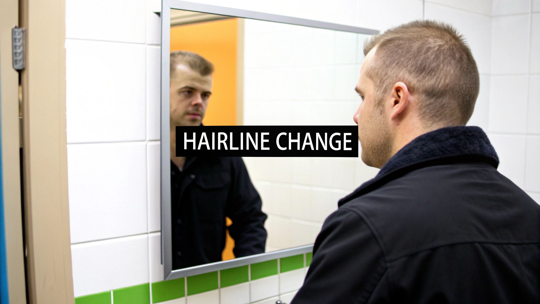 Man looking at his receding hairline in the mirror