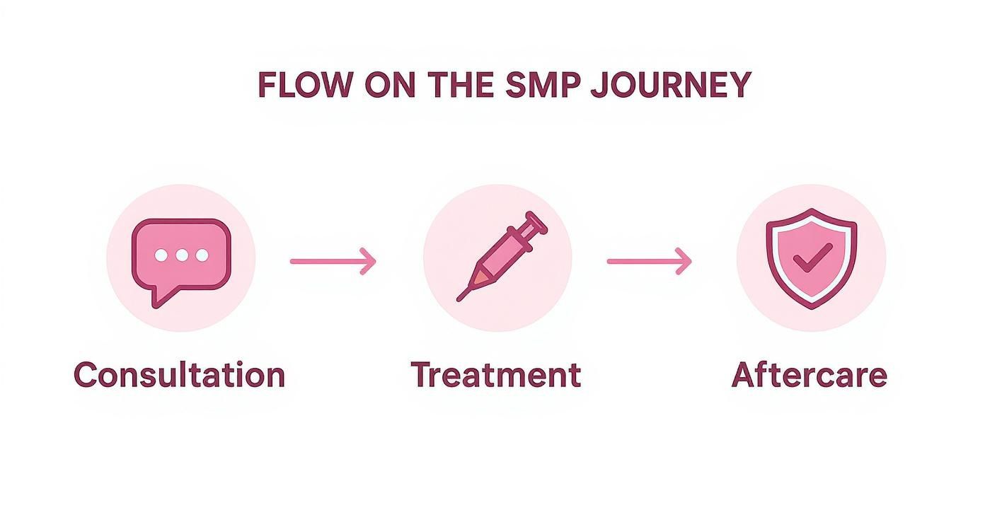 Three-step scalp micropigmentation journey showing consultation, treatment procedure, and aftercare with shield icon